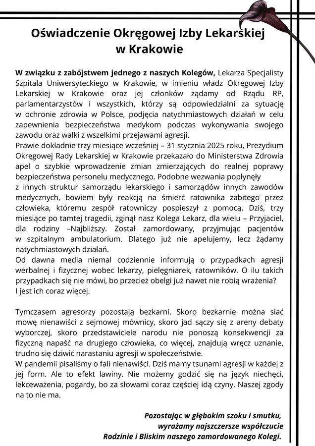 oswiadczenie okregowej izby lekarskiej w krakowie